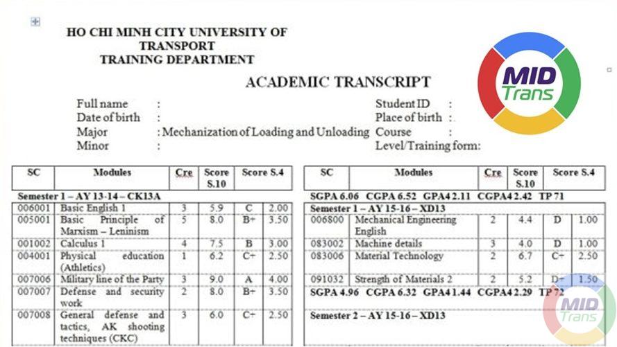 Mẫu dịch thuật Bảng điểm ĐH, CĐ cho khách hàng tại Quảng Trị