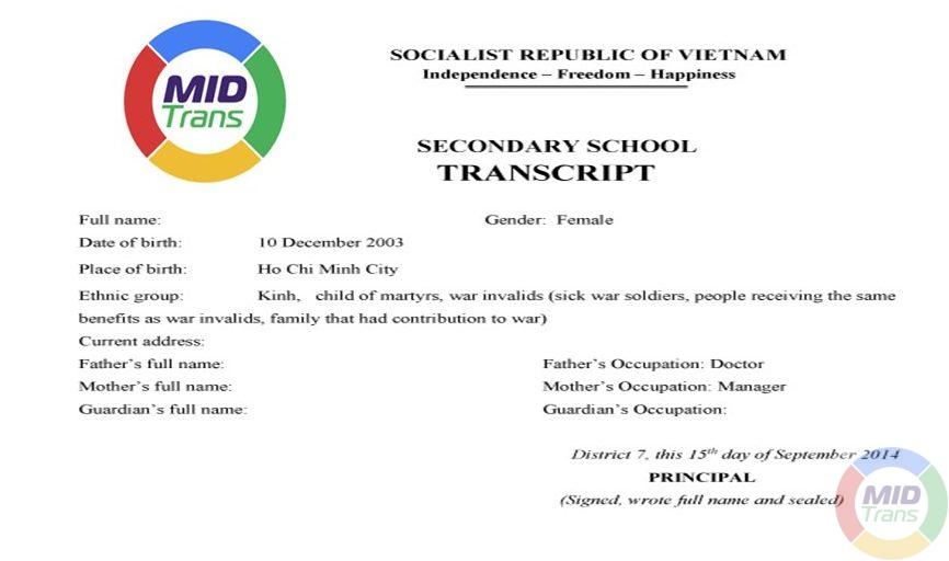 Mẫu dịch thuật học bạ chuẩn xác tại MIDTRANS