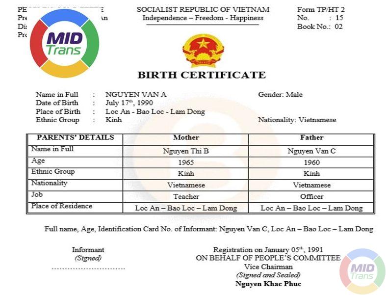 Dịch thuật giấy khai sinh chuẩn xác tại MIDTRANS